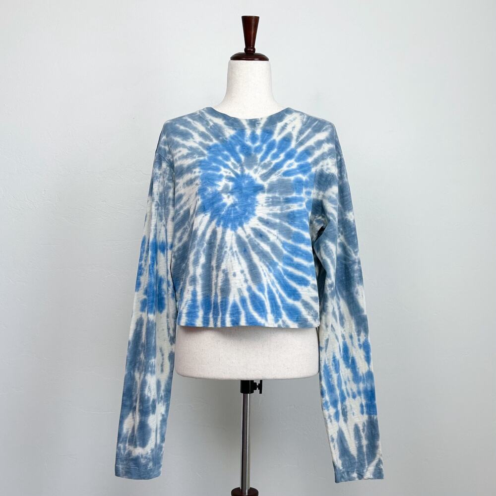 Pam & Gela Beachy Tie-Dye Blue Boxy Crop Long Sleeve Crewneck T-Shirt SMALL
